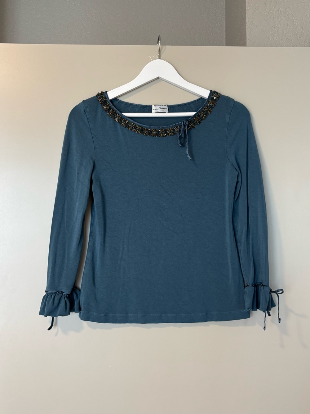 Alberta Ferretti Teal Long-Sleeve Top with Beaded Neckline Designer Luxury
